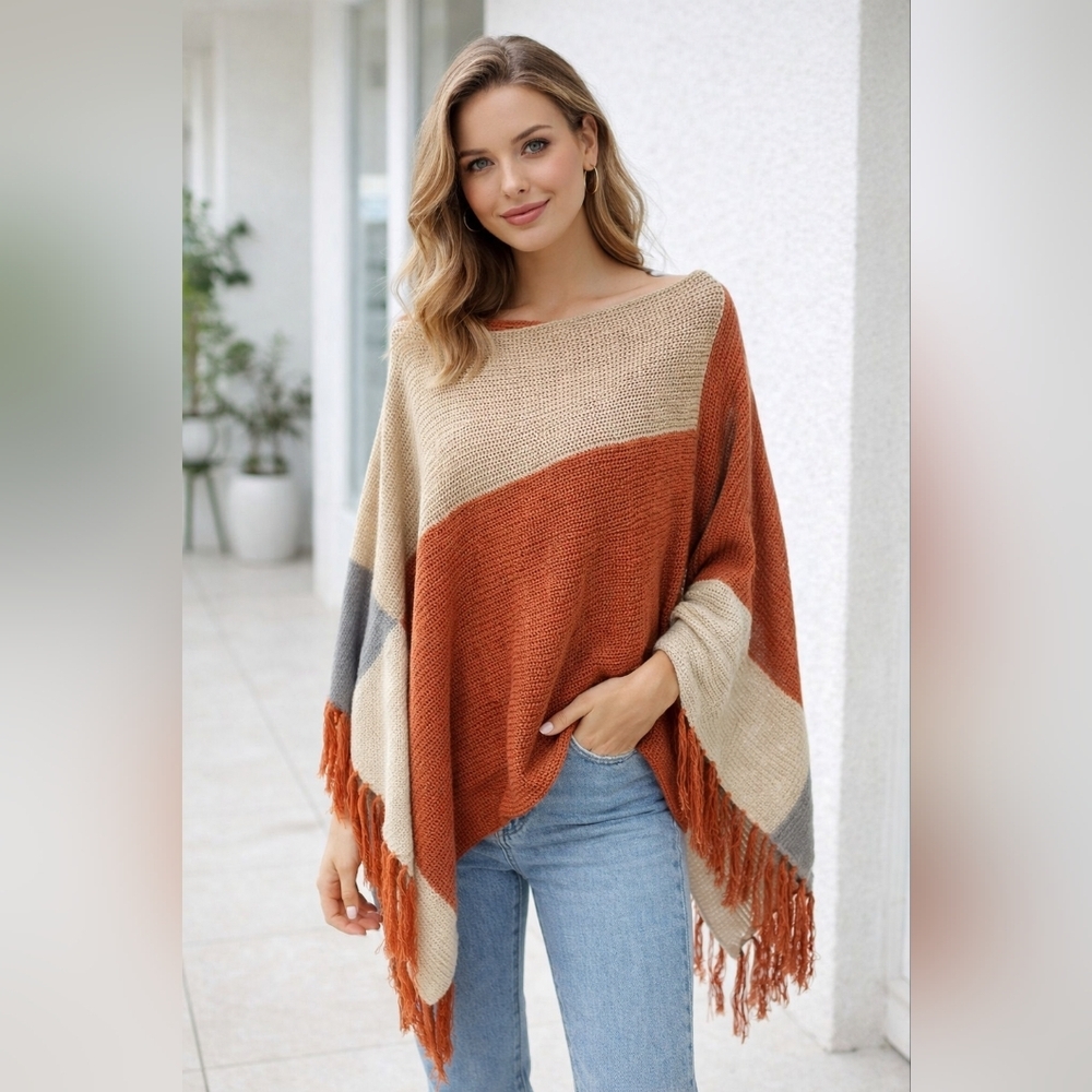 NWT In'voland knit patchwork shawl poncho fringe boho hippie size 16W